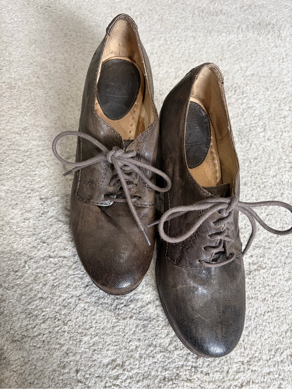 Frye Carson Herl Oxford Shoes, Women’s Sz 8 Brown-Green Block Heeled Lace-Up